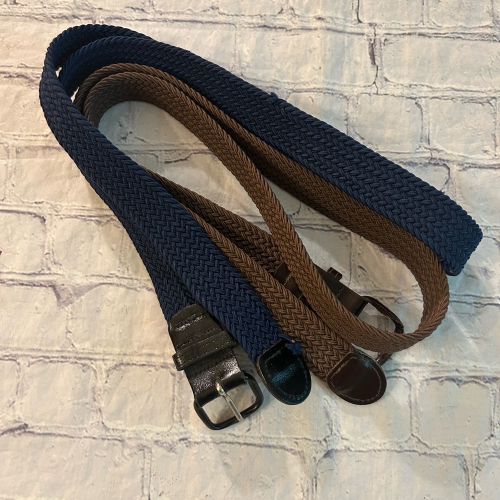 Lot Of (2) Men Vintage Brown And Navy Woven Stretch Belts Covered Buckles